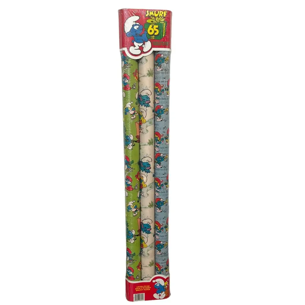 Vintage Smurf Gift Wrapping Paper 1982 Peyo Papercraft 3 Roll USA 6911 NOS Read